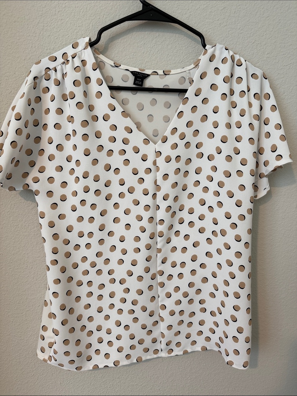 Ann Taylor White Blouse with Tan Polka Dots